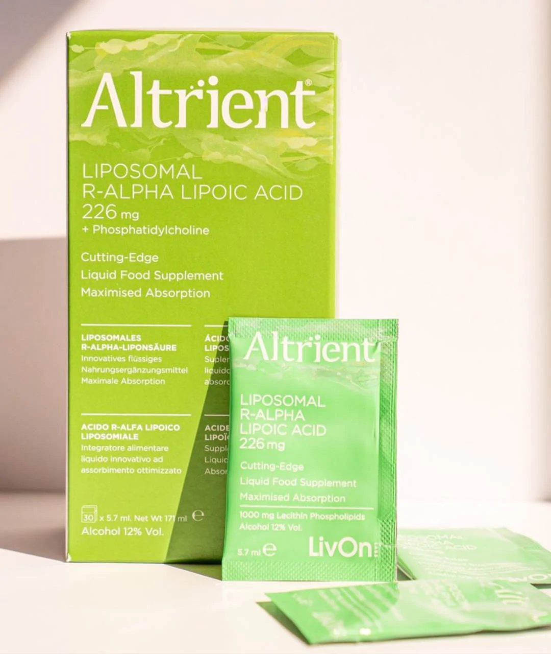 Liposomal R-alpha lipoic acid 226mg + Phosphatidylcholine packaging from afar