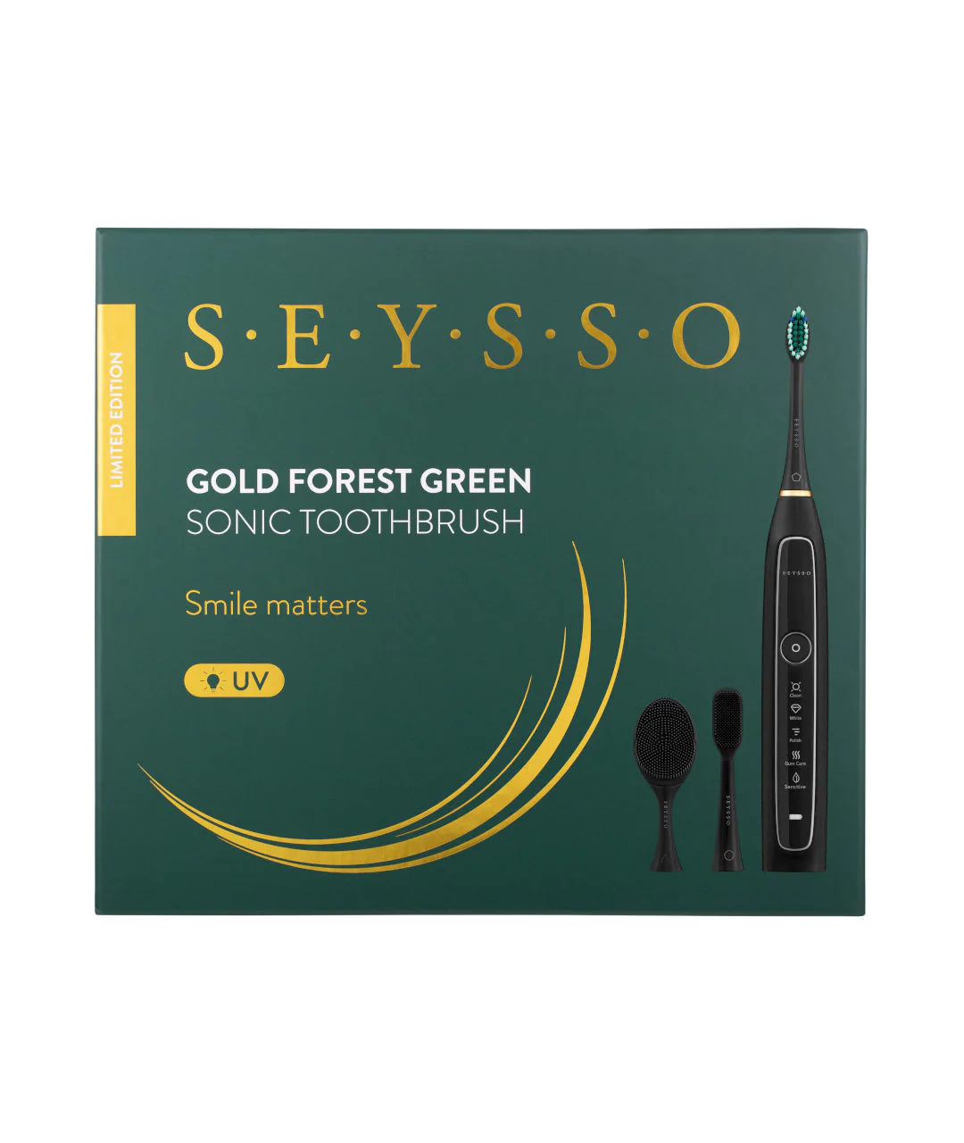 Szczoteczka Soniczna Gold Forest Green etui i końcówki opakowanie