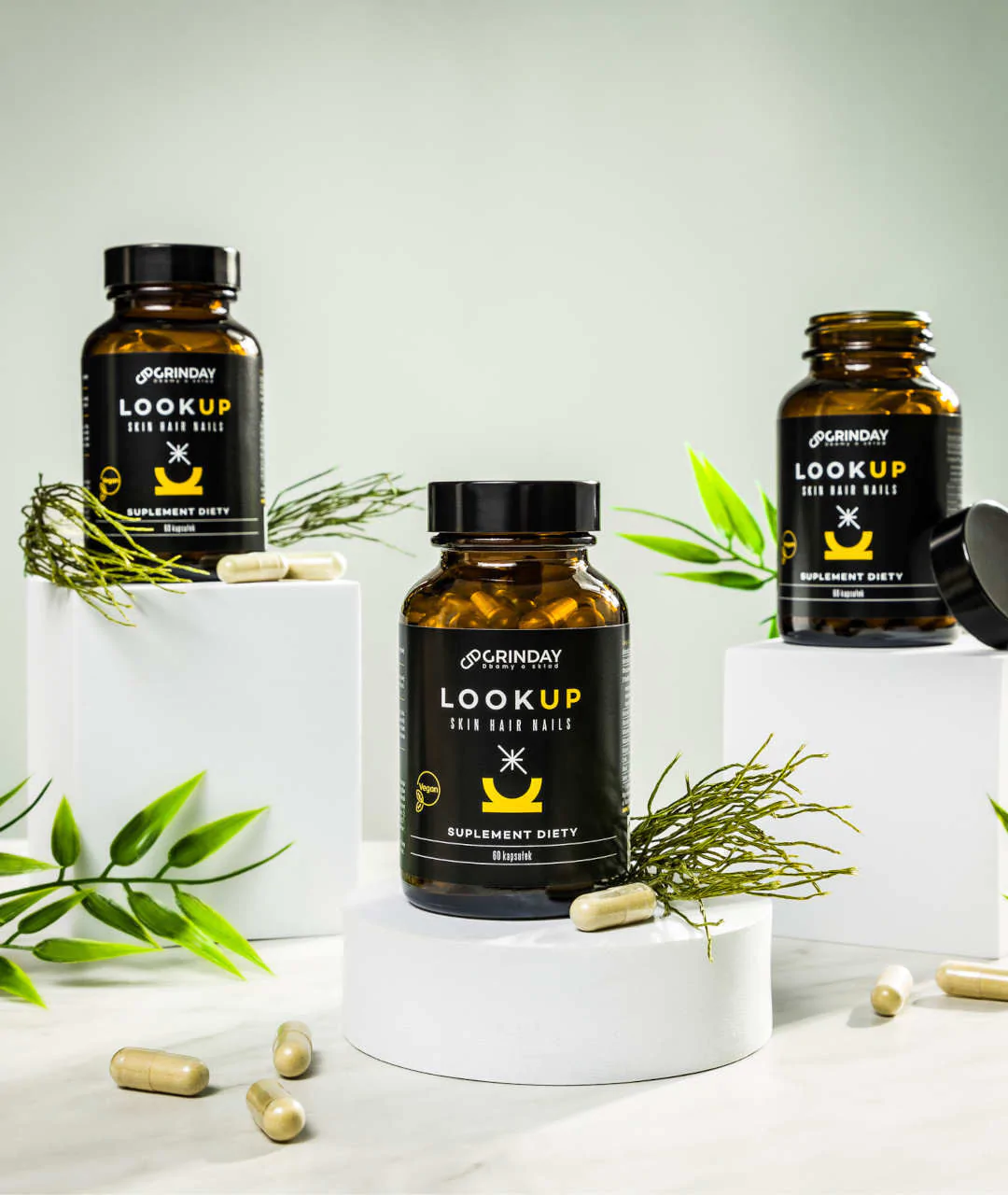 Grinday Look Up Skin Hair Nails - Formula Hair Skin Nails 60 Capsules package from afar.