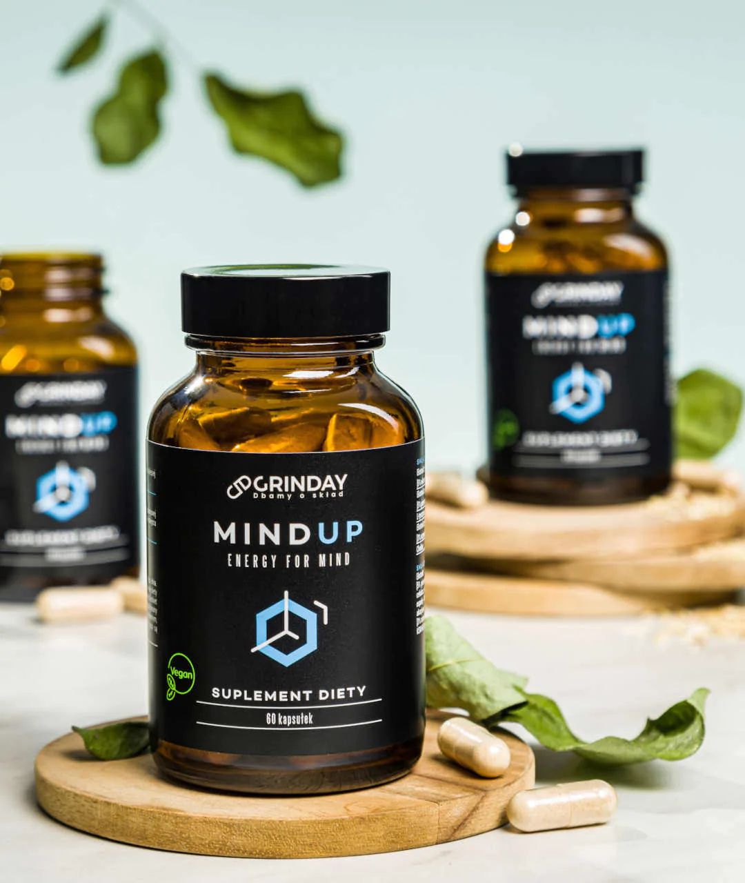 Grinday Mind Up Energy For Mind - Pamięć Koncentracja 60 Kapsułek opakowanie w tle
