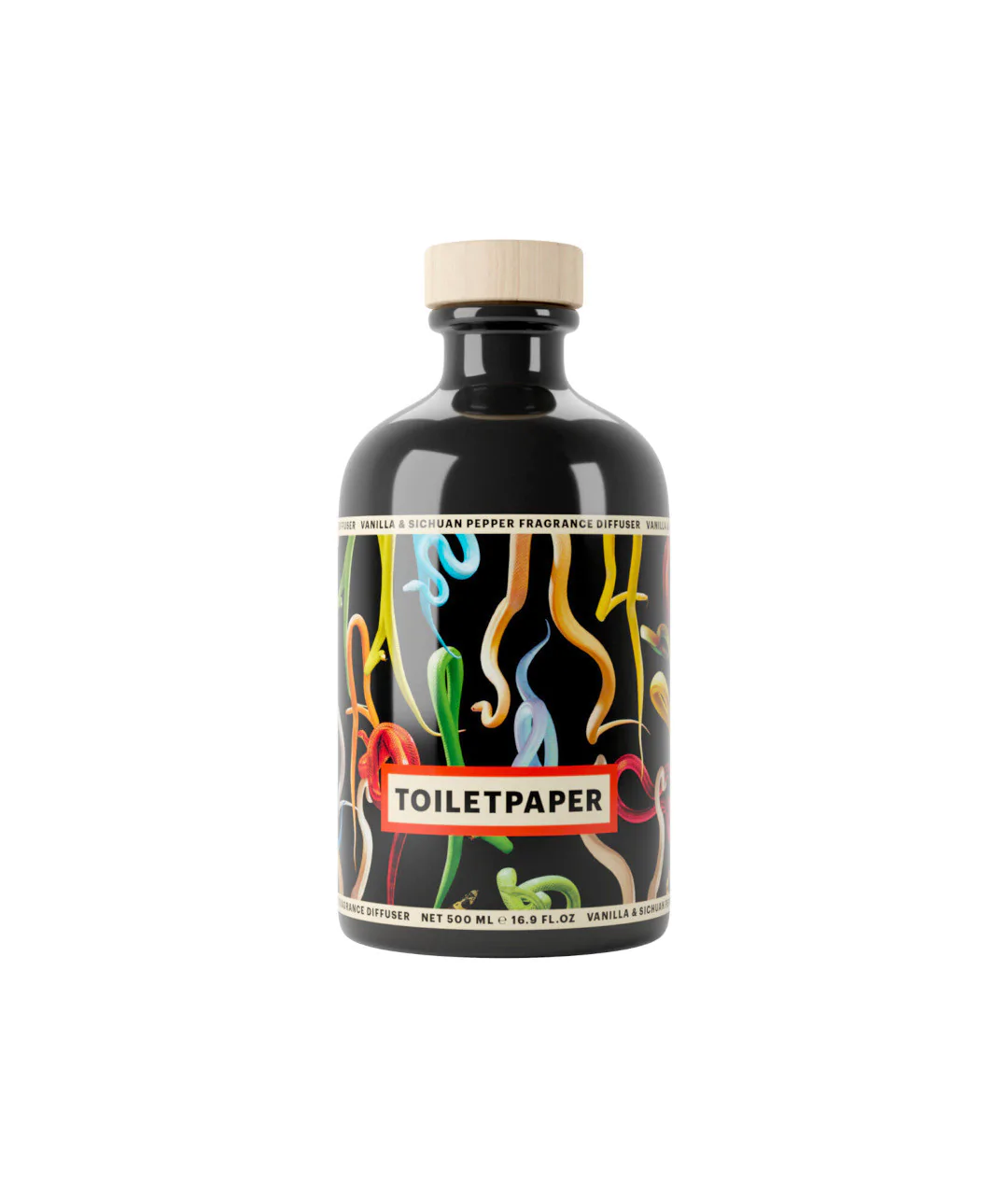 TOILETPAPER FRAGRANCE DIFFUSER 500ml "SNAKES" (Vanilla & Sichuan Pepper) packaging from afar.