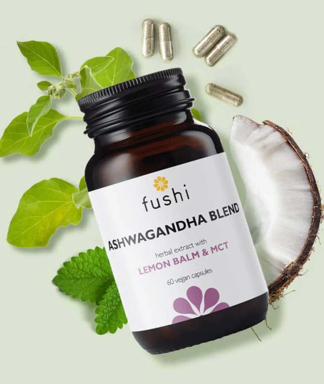 Ashwagandha extract with vegan MCT 60 capsules view.