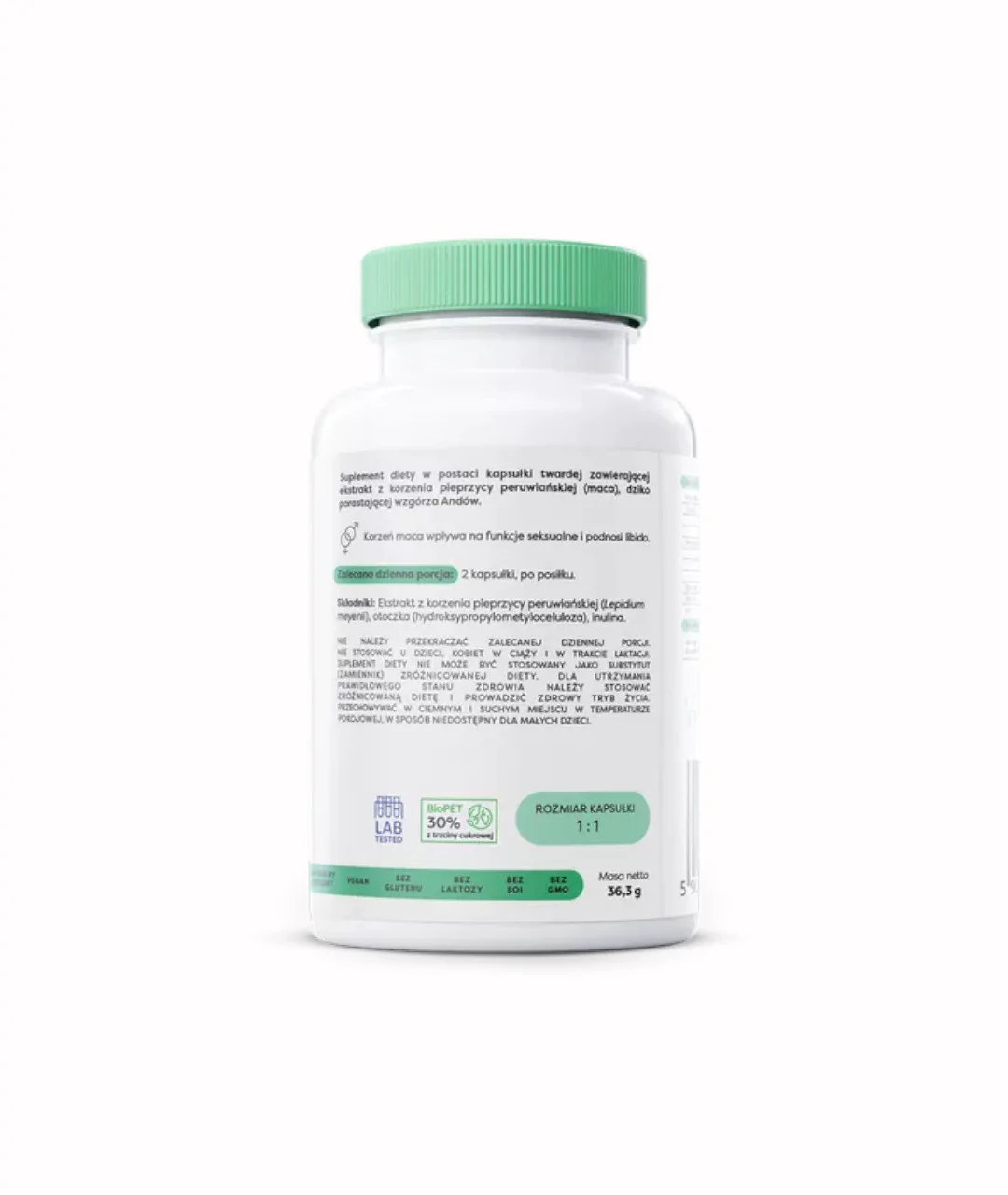 Suplement diety Maca (Nature), 1000mg - 60 kapsułek wegańskich tył
