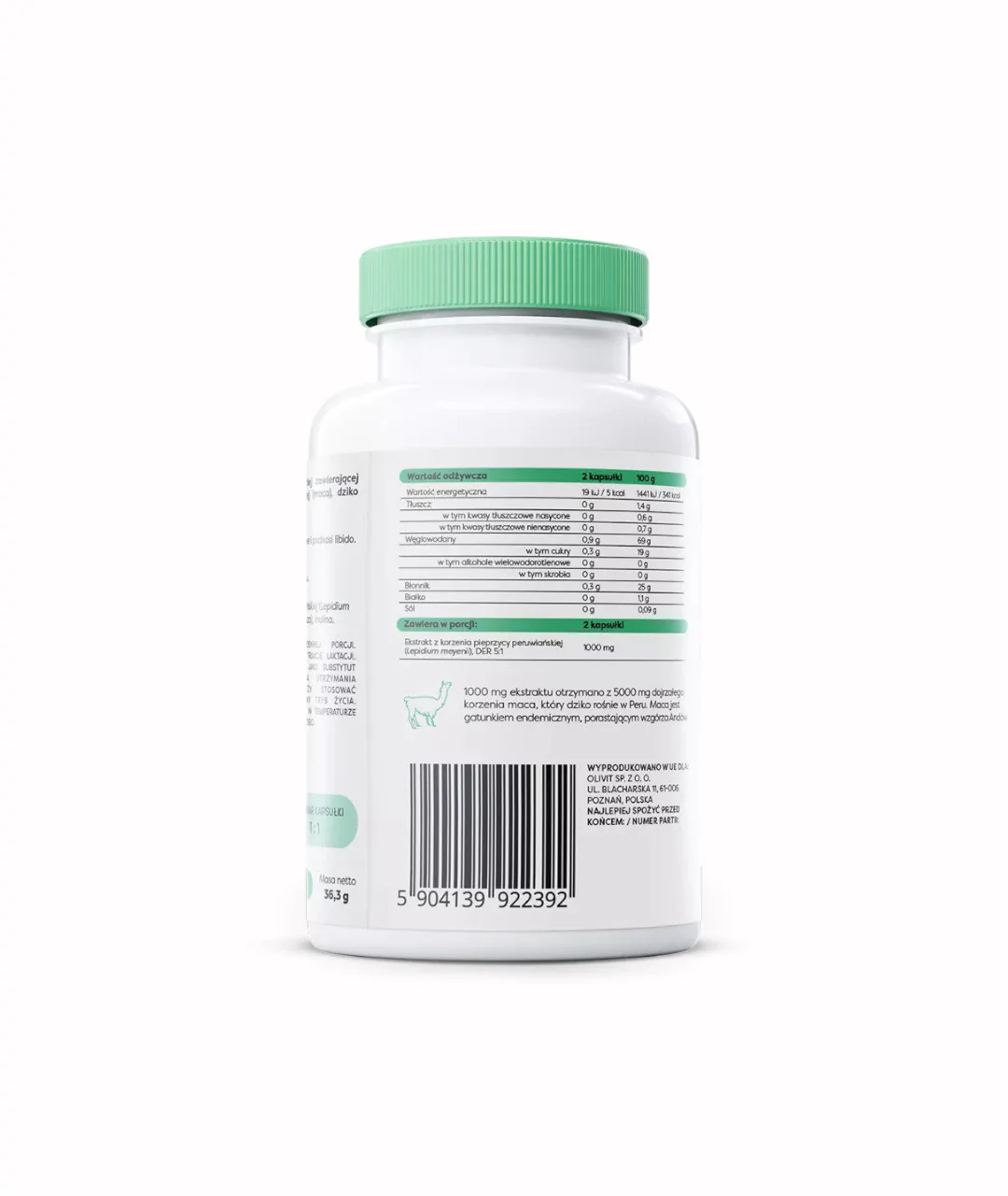 Suplement diety Maca (Nature), 1000mg - 60 kapsułek wegańskich bok