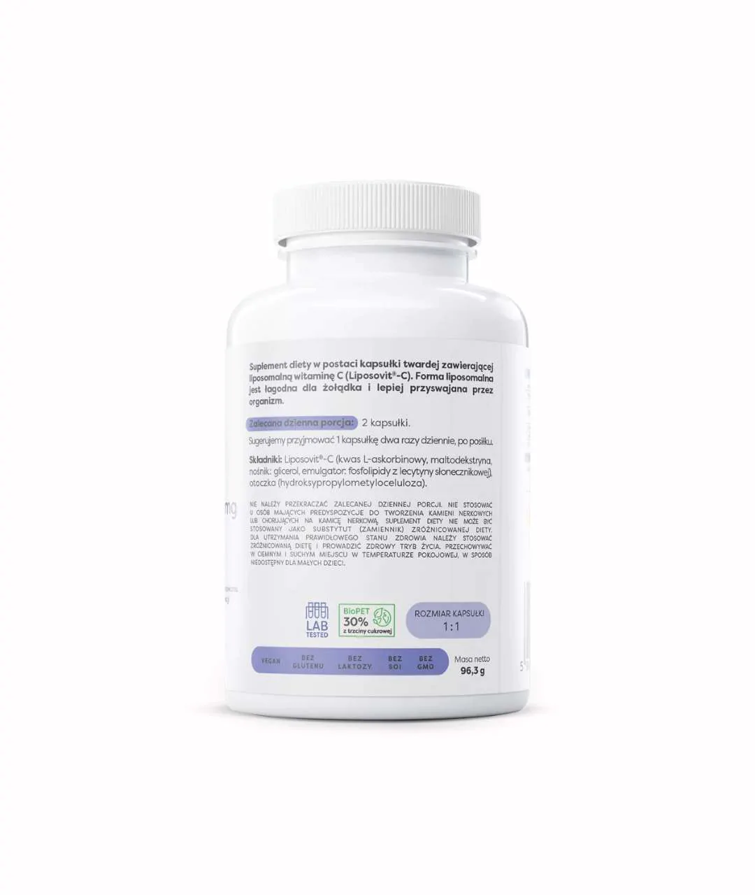 Suplement diety Liposomalna Witamina C, 1000mg - 120 kapsułek wegańskich tył