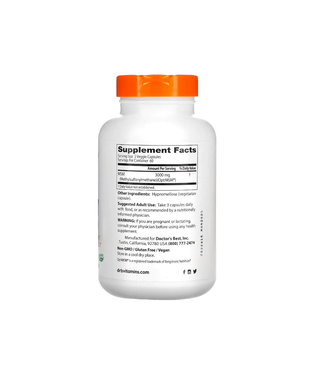 Organic Sulfur MSM with OptiMSM Technology Vegan 1000 mg 180 capsules back.