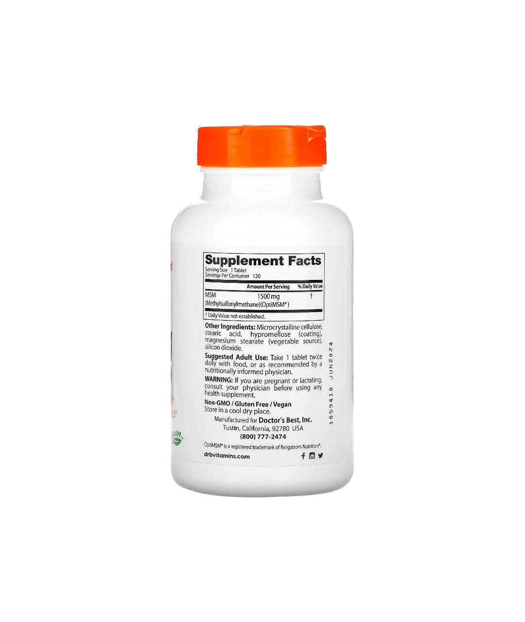 Siarka organiczna MSM z technologią OptiMSM Vegan 1500 mg 120 tabletek tył