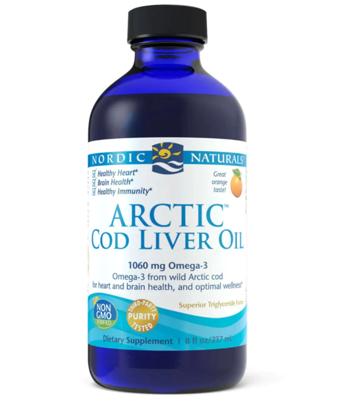 Suplement diety Arctic Cod Liver Oil, 1060 mg 237 ml pomarańcza zbliżenie