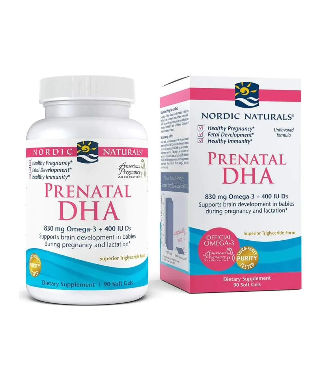 Suplement diety Prenatal DHA, 830 mg Omega-3 + 400 IU D3 - 90 kapsułek miękkich bezsmakowy opakowanie