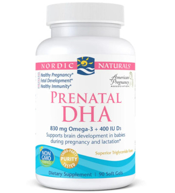 Suplement diety Prenatal DHA, 830 mg Omega-3 + 400 IU D3 - 90 kapsułek miękkich bezsmakowy zbliżenie