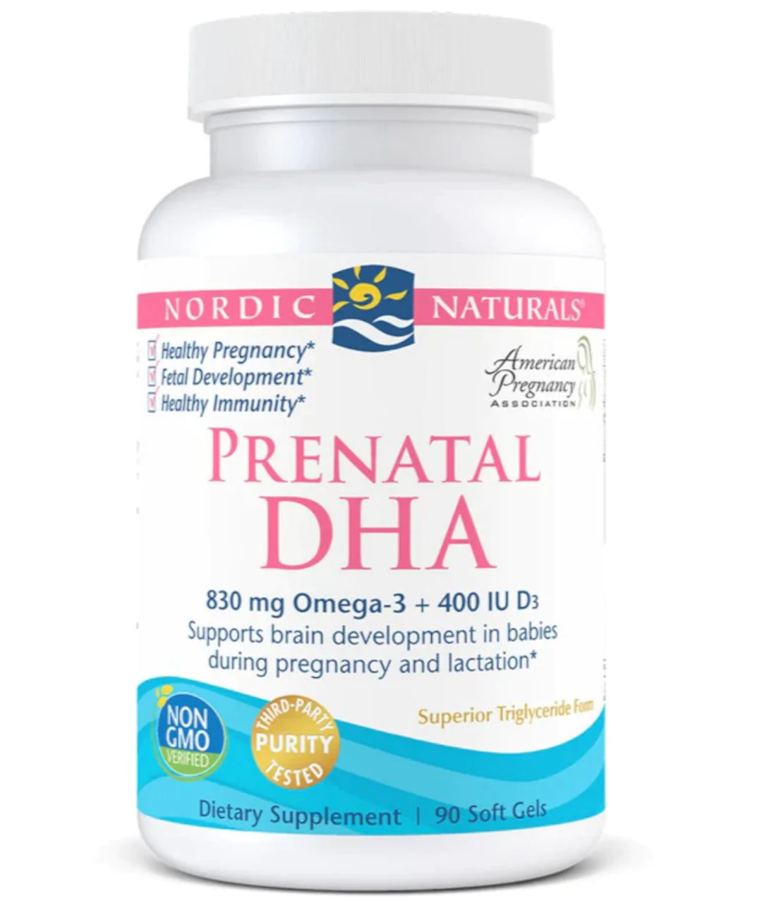 Suplement diety Prenatal DHA, 830 mg Omega-3 + 400 IU D3 - 90 kapsułek miękkich bezsmakowy zbliżenie