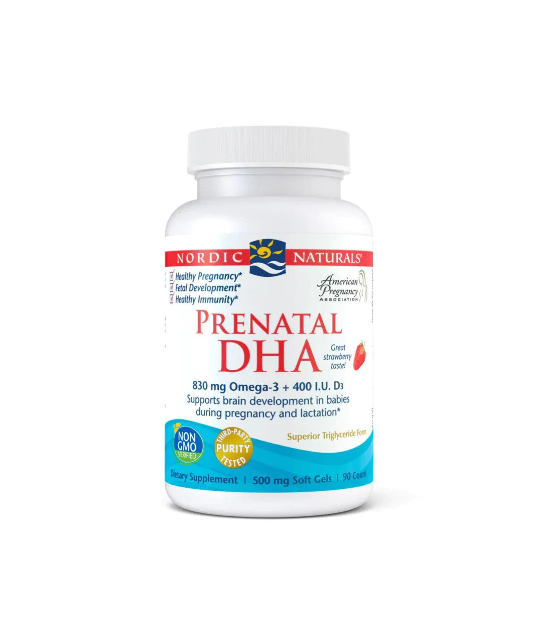 Suplement diety Prenatal DHA, 830 mg Omega-3 + 400 IU D3 - 90 kapsułek miękkich truskawka