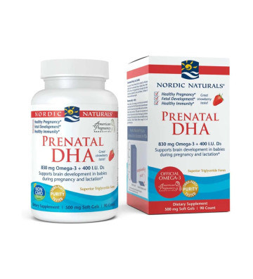 Suplement diety Prenatal DHA, 830 mg Omega-3 + 400 IU D3 - 90 kapsułek miękkich truskawka opakowanie