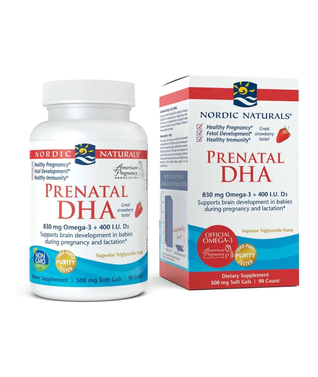Suplement diety Prenatal DHA, 830 mg Omega-3 + 400 IU D3 - 90 kapsułek miękkich truskawka opakowanie