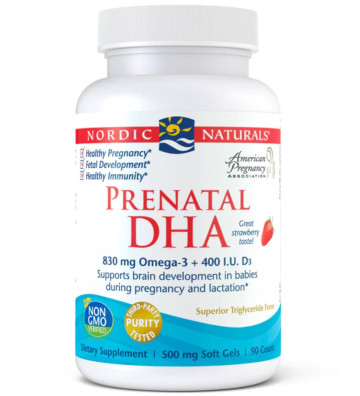 Suplement diety Prenatal DHA, 830 mg Omega-3 + 400 IU D3 - 90 kapsułek miękkich truskawka zbliżenie