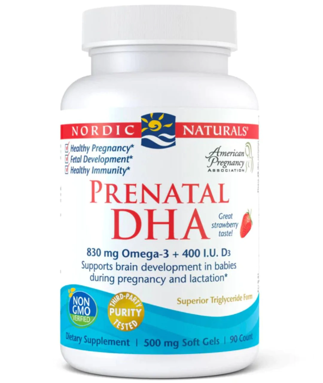 Dietary supplement Prenatal DHA, 830 mg Omega-3 + 400 IU D3 - 90 soft capsules strawberry approximation