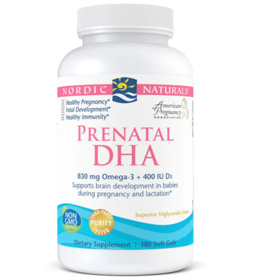 Suplement diety Prenatal DHA, 830 mg Omega-3 + 400 IU D3 Bezsmakowy - 180 kapsułek miękkich zbliżenie